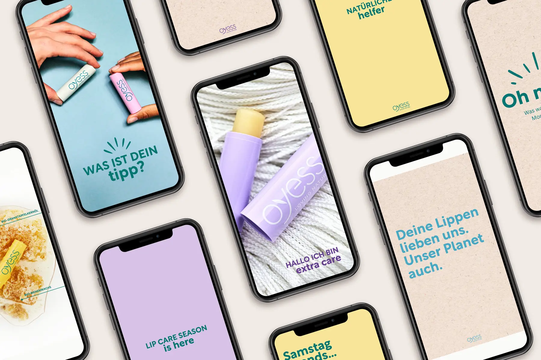 Instagram Templates für die nachhaltige Beauty Marke OYESS. Social Media Design für einen klaren und modernen Markenauftritt.